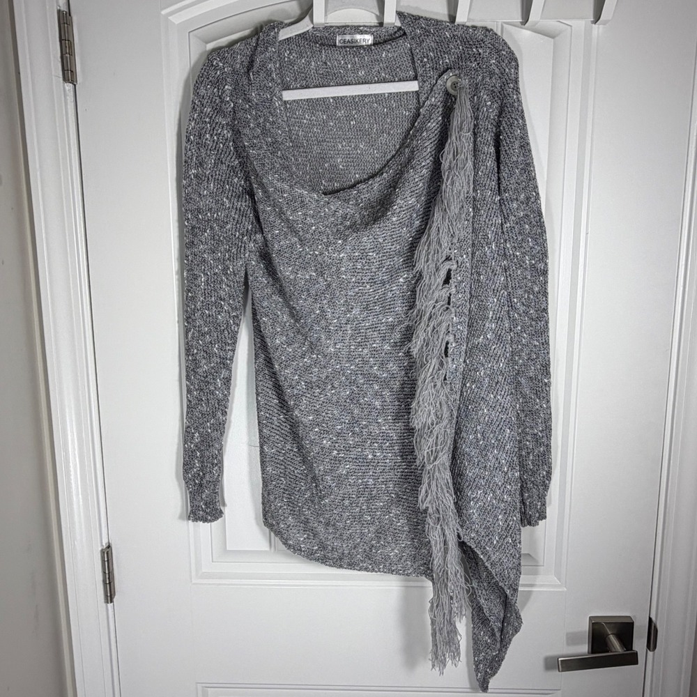 Ceasikery Gray Marled Fringe Asymmetrical Wrap Cardigan Sweater Womens Large